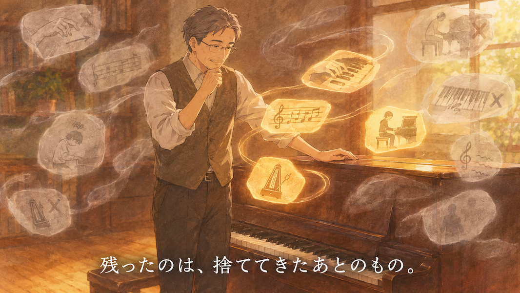 暖かな光の部屋で、ピアノのそばに立つ講師の周囲に多くの淡い光の形が漂い、その大半が霧となって消えていく一方、手元に残る数個だけが確かな輝きを放つ水彩アニメ風イラスト。下部中央に「残ったのは、捨ててきたあとのもの。」の白いテキスト。