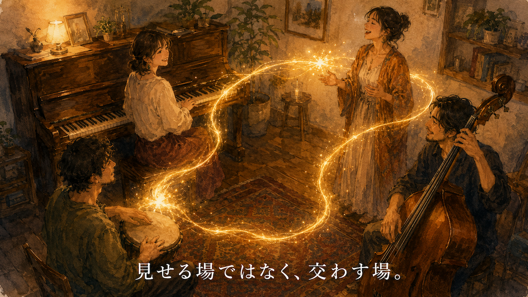 暖かな光の部屋で、四人の大人が舞台と客席の形ではなく輪になって向き合い演奏する水彩アニメ風イラスト。黄金の光が一方向ではなく互いの間を循環し、下部中央に「見せる場ではなく、交わす場。」の白いテキスト。