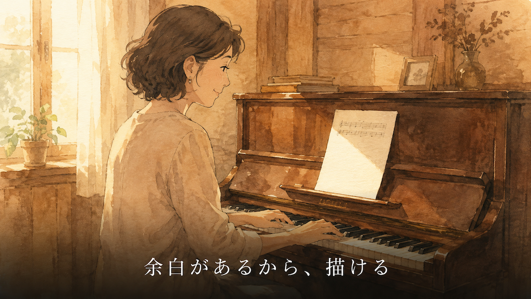木の温もりのある部屋でアップライトピアノに向かう女性の水彩アニメ風イラスト。譜面台には数行しか書かれていない薄い一枚の楽譜が置かれ、大部分が余白になっている。下部中央に「余白があるから、描ける」の白いテキスト。