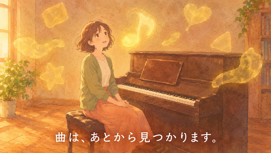 暖かな光の部屋で、女性が空の譜面台の前に座り、まだ何も決まっていない表情で佇む水彩アニメ風イラスト。周囲に形の定まらない золотистые光がいくつか漂い、そのうち一つだけが輪郭を持ち始めている。下部中央に「曲は、あとから見つかります。」の白いテキスト。