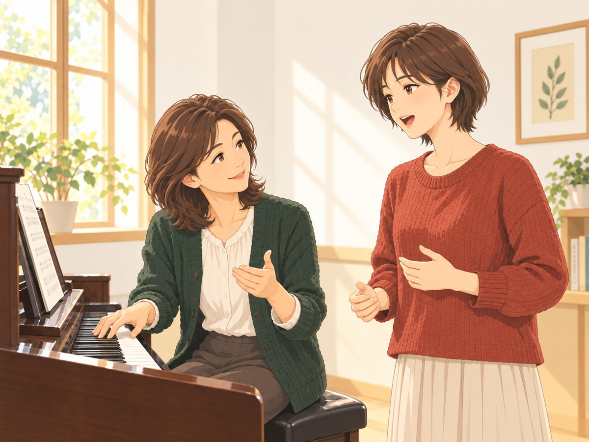 ピアノで伴奏しながら教える女性と、歌を学ぶ女性のイラスト