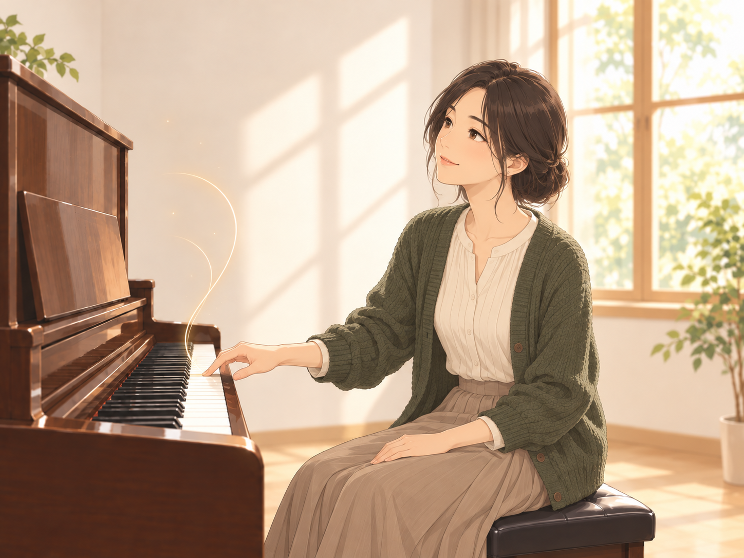 窓辺で一つの鍵盤を押し、その響きに耳を向ける女性のイラスト
